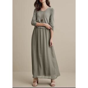 NEW Soft Surroundings Size M Olive Green Cassie Two-Layer Long Sleeve Maxi Dress